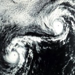 PC: NOAA PHOTO LIBRARY - Fujiwhara effect on Ione and Kirsten in 1974 caused very erratic tracks.