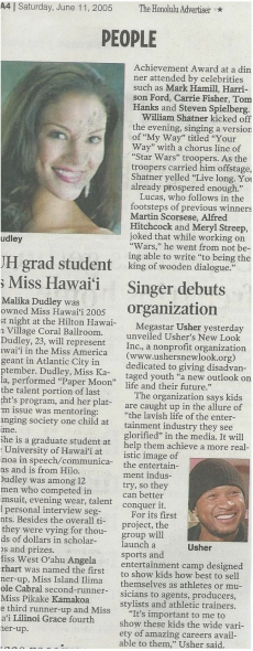 <h5>Honolulu Advertiser</h5><p>UH Grad Student is Miss Hawaii</p>