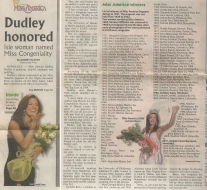 <h5>Hilo Tribune Herald</h5><p>"Dudley Honored: Isle woman named Miss Congeniality"</p>