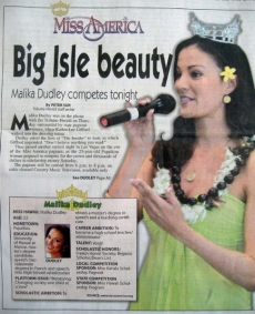 <h5>Hilo Tribune Herald</h5><p>"Big Isle Beauty: Malika Dudley competes tonight"</p>